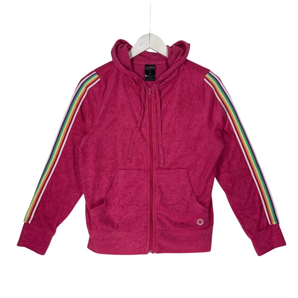 Pro Player Pink Terry Cloth Full Zip Hoodie Rainbow Stripe Sleeve Womens Small